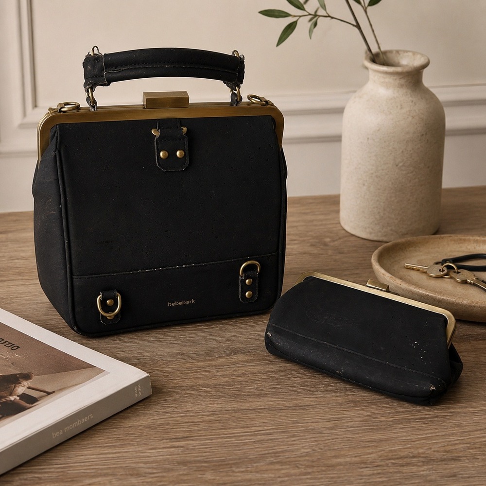LaFlore Paris Bebebark Convertible Backpack Handbag and Wallet Cork Black Brass